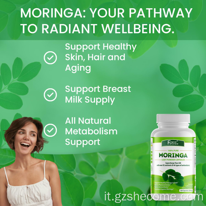 Moringa oleifera Completa capsule di foglie di Moringa senza glutine